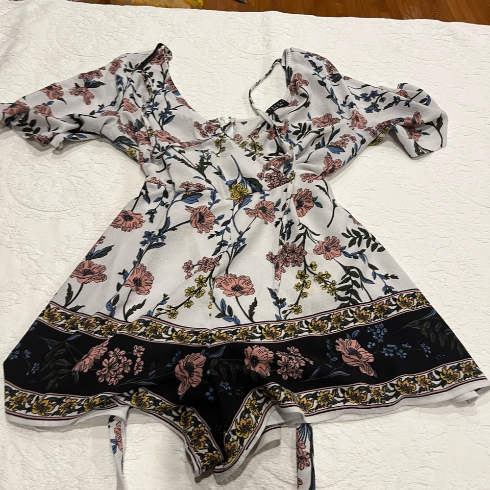 Floral Tie-Front Romper in White with Pink Blooms